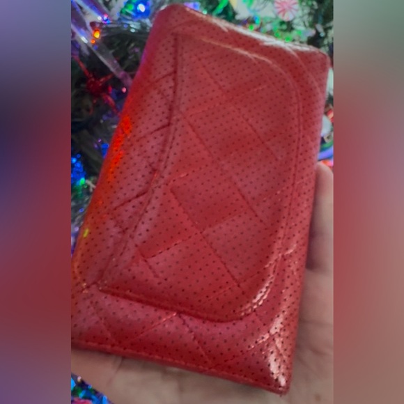EUC Chanel Red Perforated Leather Snap Closure Trifold Wallet Custom Shimmer - Picture 3 of 16